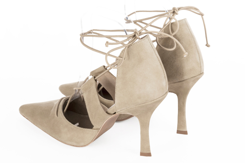Champagne beige women's open side shoes, with lace straps. Tapered toe. Very high spool heels. Rear view - Florence KOOIJMAN